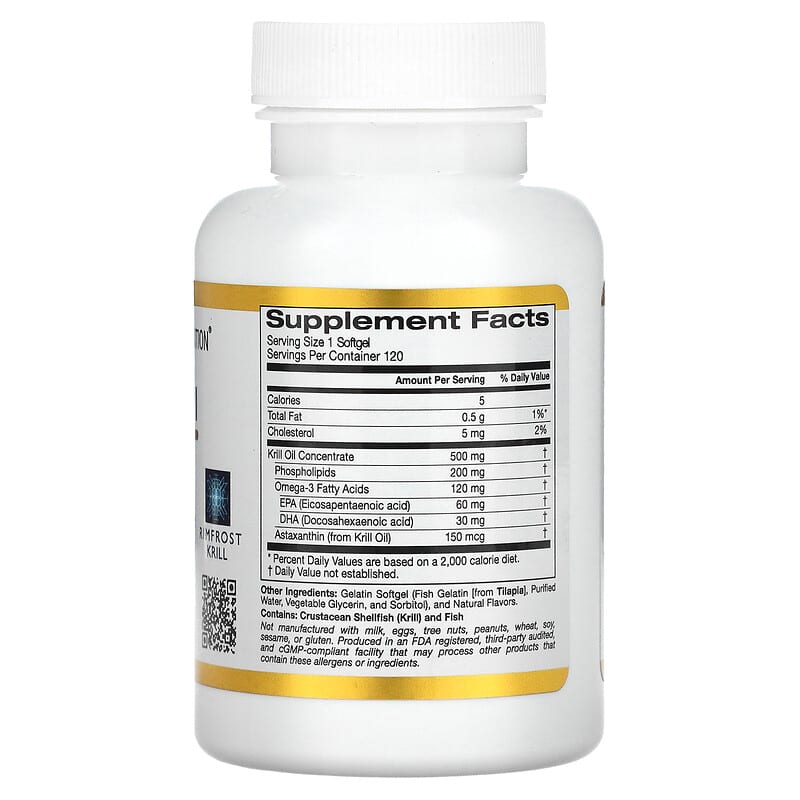 California Gold Nutrition, Antarctic Krill Oil, Omega-3 Phospholipids Complex with Astaxanthin, Natural Strawberry and Lemon, 500 mg, 120 Fish Gelatin Softgels