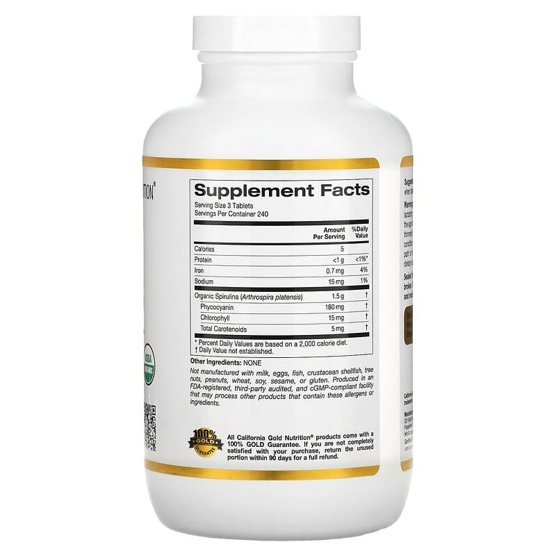 California Gold Nutrition, Organic Spirulina with Phycocyanin, Chlorophyll, and Carotenoids, 720 Tablets