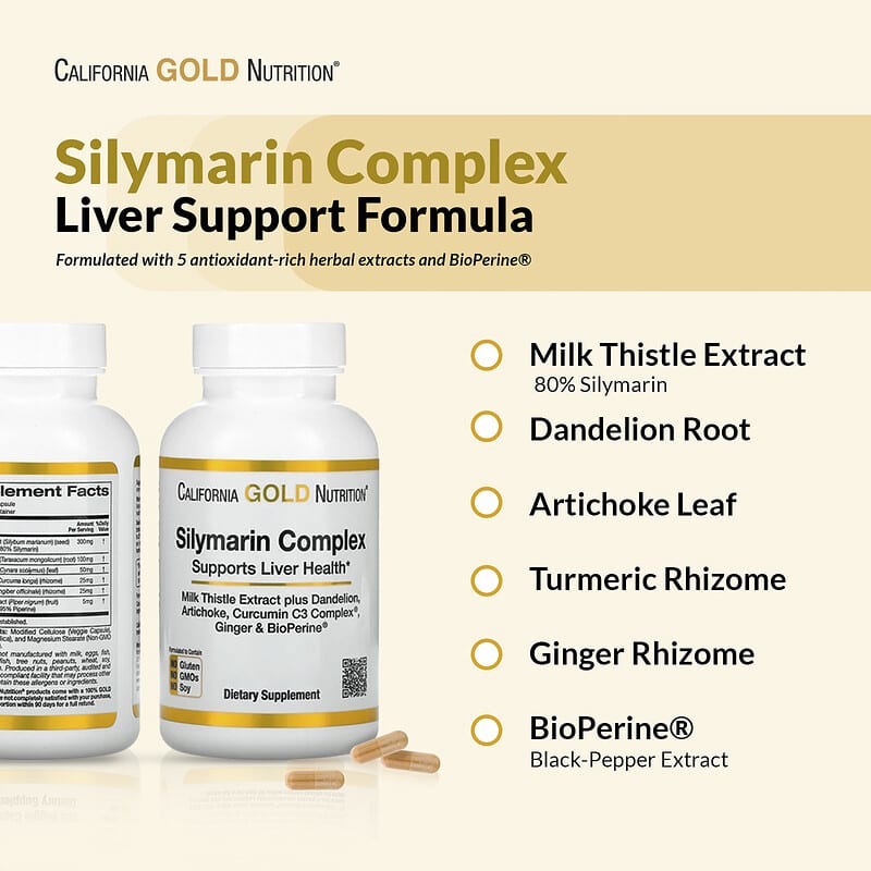 California Gold Nutrition, Silymarin Complex with Milk Thistle Extract Plus Dandelion, Artichoke, Ginger, and BioPerine®, 360 Veggie Capsules
