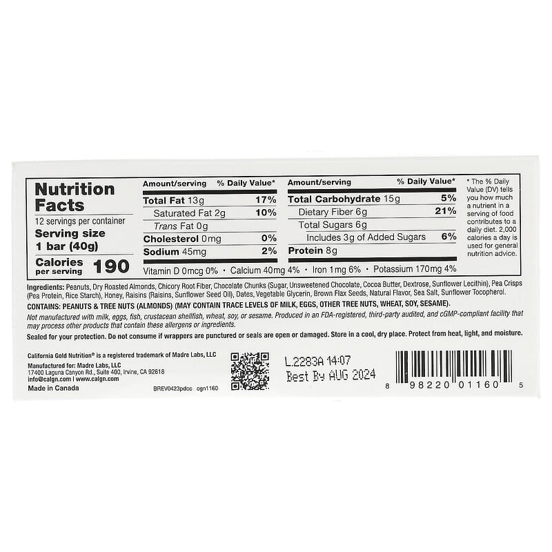 California Gold Nutrition, Foods, Peanut &amp; Dark Chocolate Chunk Bars with Dry Roasted Almonds, Chicory Root Fiber, Pea Crisps and Honey, 12 Bars, 1.4 oz (40 g) Each