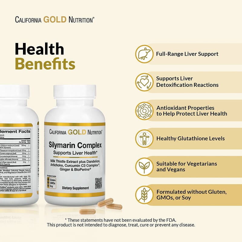 California Gold Nutrition, Silymarin Complex with Milk Thistle Extract Plus Dandelion, Artichoke, Ginger, and BioPerine®, 360 Veggie Capsules