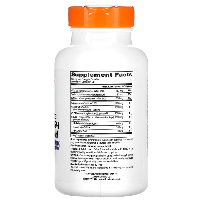 Doctor's Best, Glucosamine Chondroitin MSM + Hyaluronic Acid With OptiMSM® BioCell Collagen®, 150 Veggie Caps