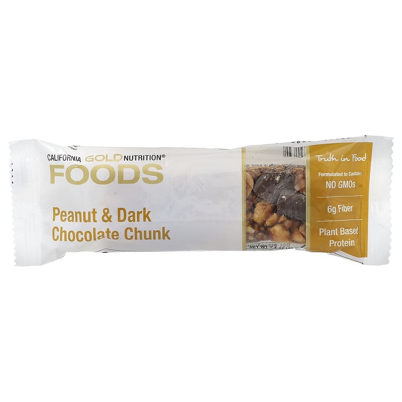 California Gold Nutrition, Foods, Peanut &amp; Dark Chocolate Chunk Bars with Dry Roasted Almonds, Chicory Root Fiber, Pea Crisps and Honey, 12 Bars, 1.4 oz (40 g) Each