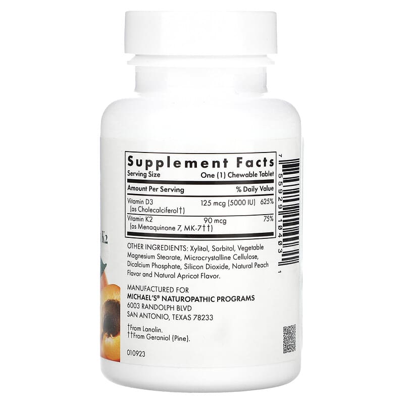 Michael's Health, D3 with Vitamin K2, Apricot, 90 Vegetarian Chewable Tablets
