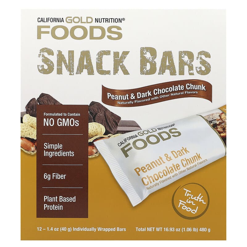 California Gold Nutrition, Foods, Peanut &amp; Dark Chocolate Chunk Bars with Dry Roasted Almonds, Chicory Root Fiber, Pea Crisps and Honey, 12 Bars, 1.4 oz (40 g) Each