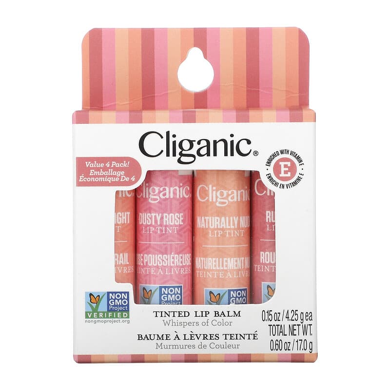 Cliganic, Tinted Lip Balm Set, Hint of Tint, 4 Pack, 0.15 oz (4.25 g) Each