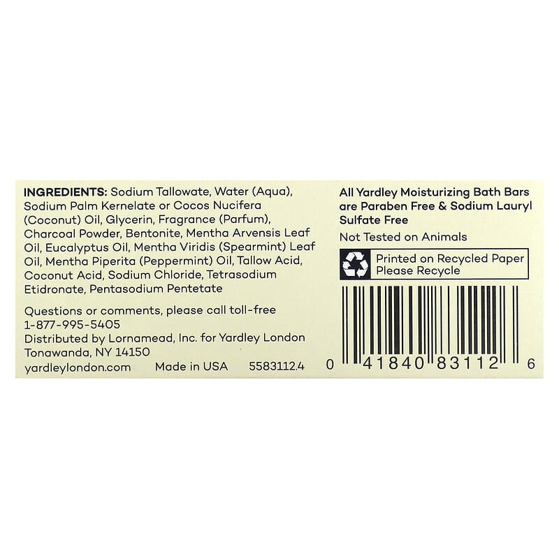 Yardley London, Moisturizing Bath Bar Soap, Activated Charcoal, 4 oz (113 g)