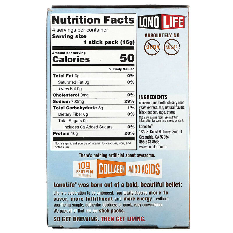 Lonolife, Sipping Bone Broth, Savory Chicken, 4 Single Serve Sticks, 0.56 oz (16 g) Each