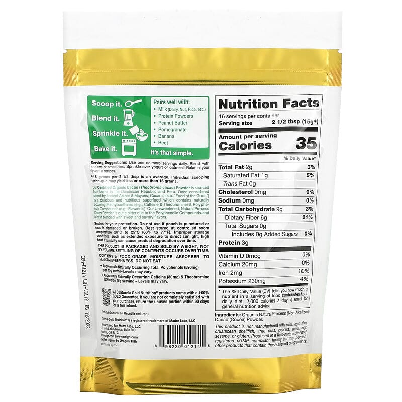 California Gold Nutrition, Superfoods, Organic Cacao Powder, 8.5 oz (240 g)