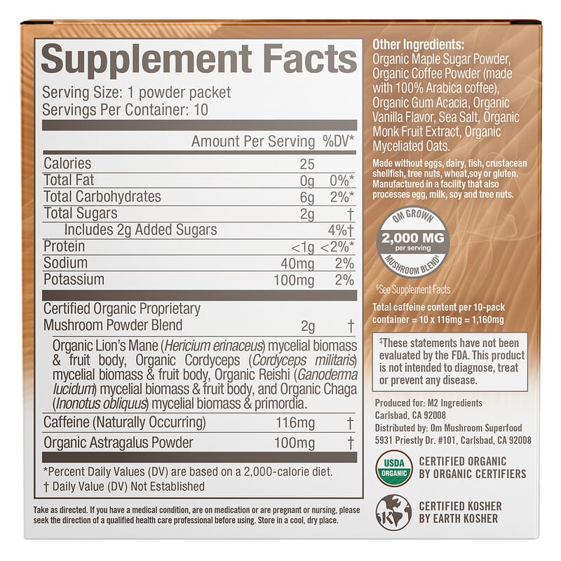 Om Mushrooms, Superfood Mushroom Blend, Coffee Latte, 10 Packets, 0.28 oz (8 g) Each