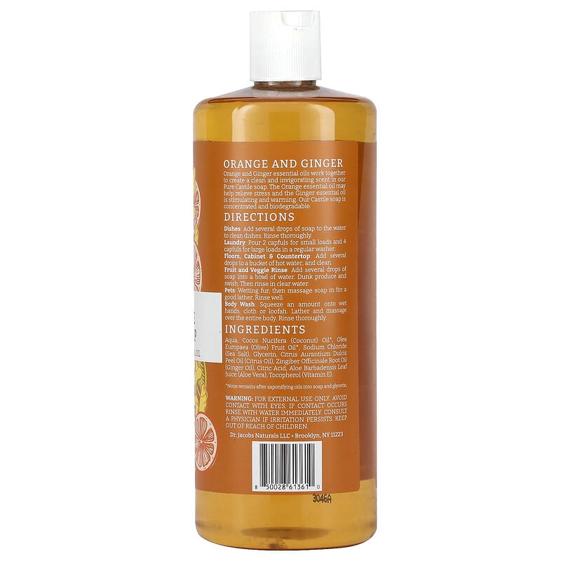 Dr. Jacobs Naturals, Plant-Based Pure Castile All-In-1 Soap, Orange &amp; Ginger Essential Oil, 32 oz (946 ml)