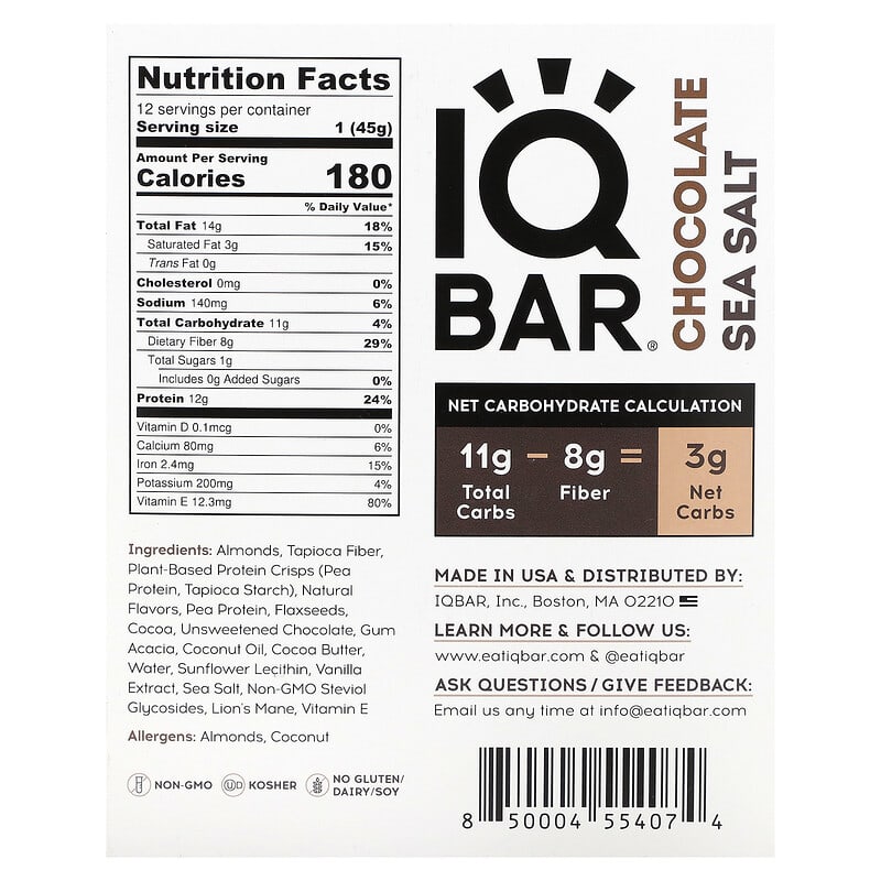 IQBAR, Plant Protein Bar, Chocolate Sea Salt, 12 Bars, 1.6 oz (45 g) Each