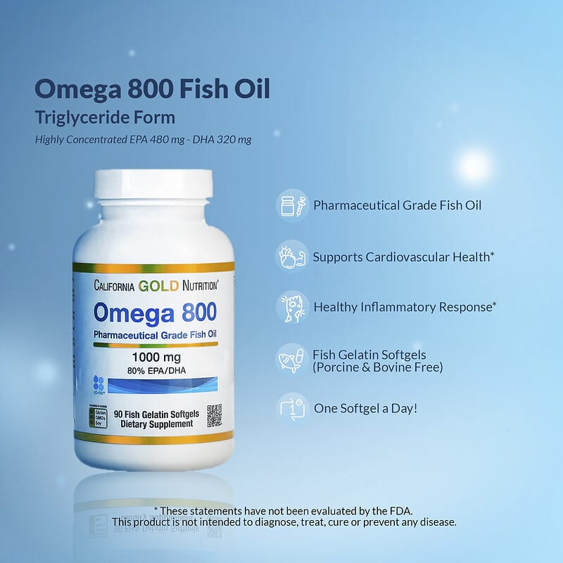 California Gold Nutrition, Omega 800 Ultra-Concentrated Omega-3 Fish Oil, kd-pur Triglyceride Form, 30 Fish Gelatin Softgels (1,000 mg per Softgel)