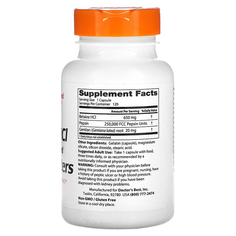 Doctor's Best, Betaine HCl Pepsin &amp; Gentian Bitters, 120 Capsules