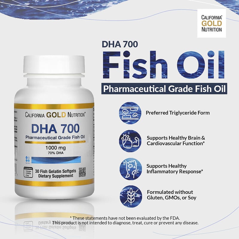 California Gold Nutrition, DHA 700 Fish Oil, Ultra-Concentrated, 1,000 mg, 30 Fish Gelatin Softgels