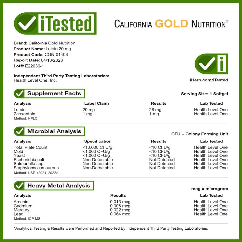 California Gold Nutrition, Lutein with Zeaxanthin from Marigold Extract, 20 mg, 60 Veggie Softgels