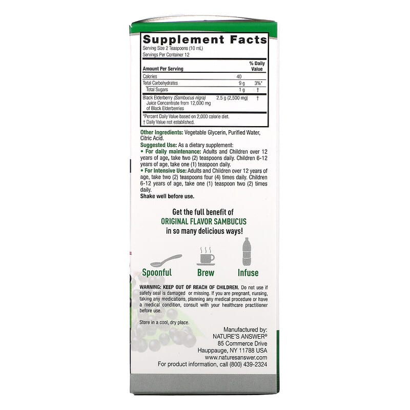 Nature's Answer, Sambucus, Black Elderberry, Alcohol-Free, 2,500 mg, 4 fl oz (120 ml)