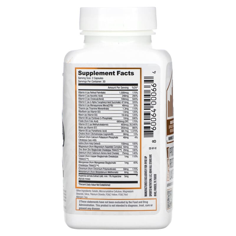 RYSE, Vitafocus, Multivitamin + Nootropic, 60 Gelatin Capsules