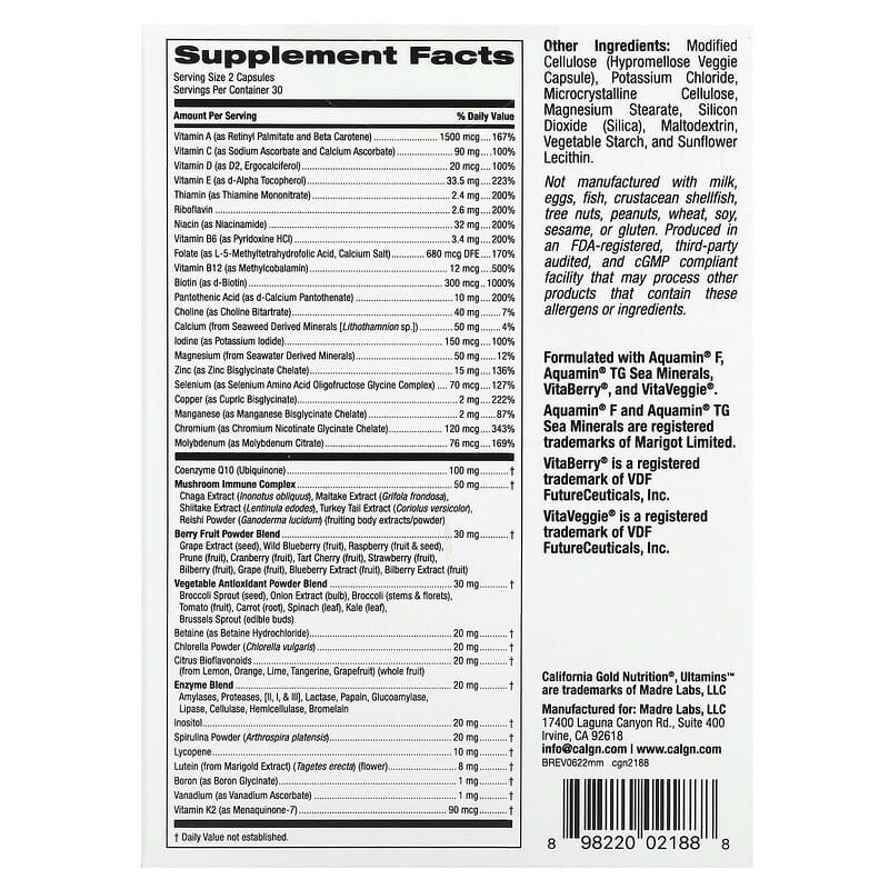 California Gold Nutrition, Ultamins Men's Multivitamin with CoQ10, Mushrooms, Enzymes, Veggies &amp; Berries, 60 Veggie Capsules