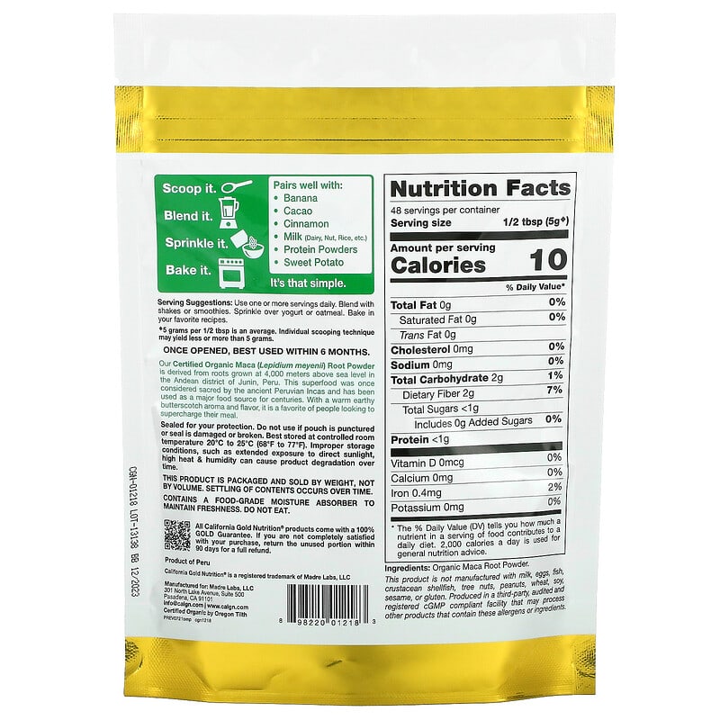 California Gold Nutrition, Superfoods, Certified Organic Peruvian Maca Root Powder, 8.5 oz (240 g)