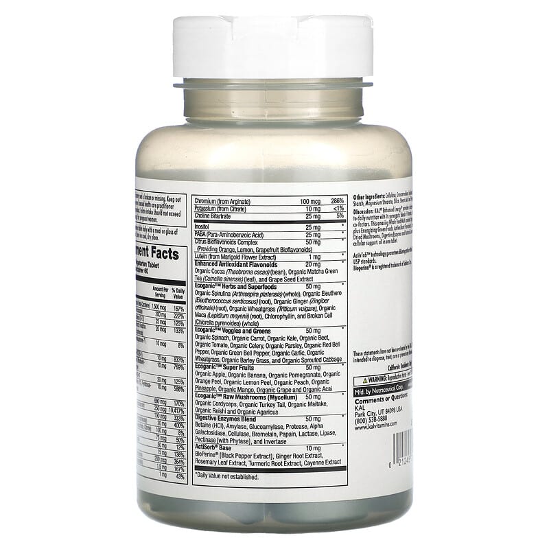 KAL, Enhanced Energy®, Whole Food Multivitamin, Iron Free, 60 VegTab