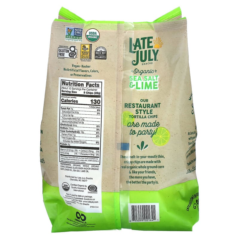 Late July, Organic Tortilla Chips, Thin &amp; Crispy, Sea Salt &amp; Lime, 10.1 oz (286 g)