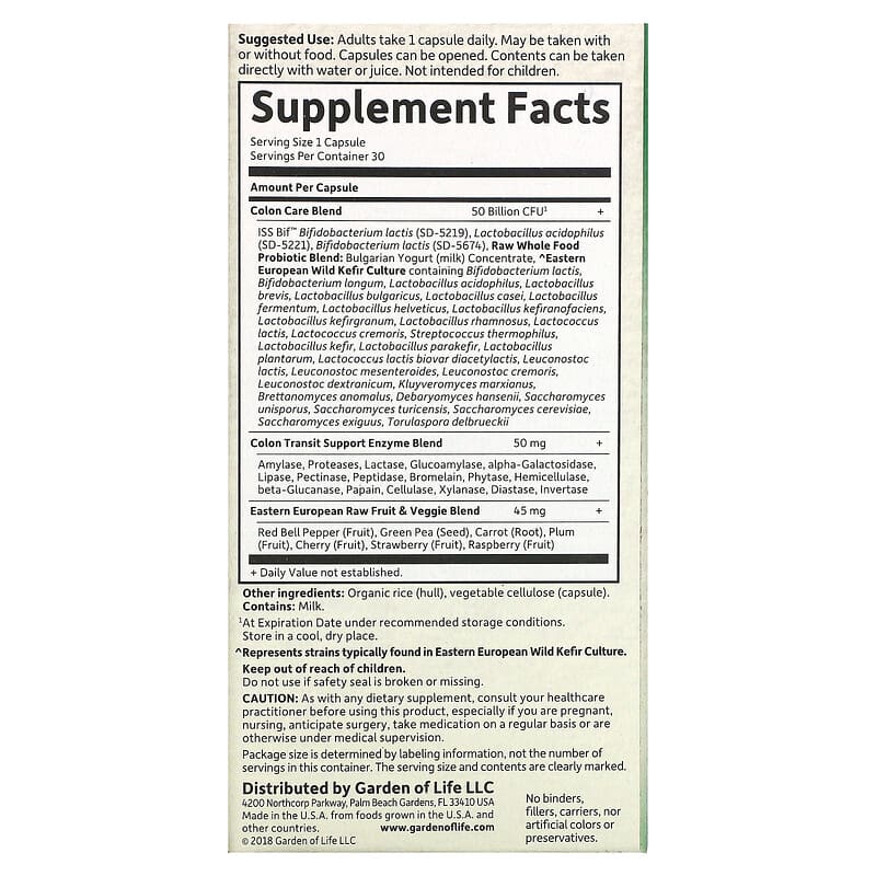Garden of Life, RAW Probiotics, Colon Care, Shelf-Stable, 30 Vegetarian Capsules