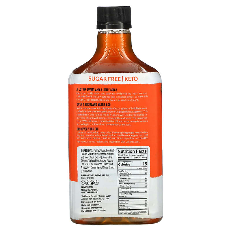 Lakanto, Monk Fruit &amp; Erythritol Sweetened Syrup, Maple Cinnamon, 13 fl oz (384 ml)