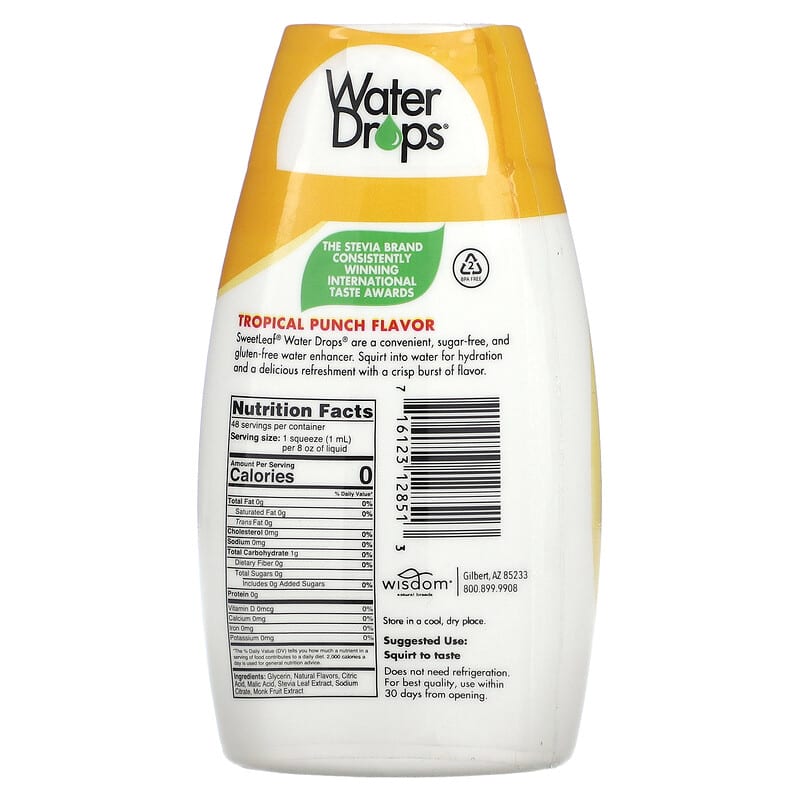 SweetLeaf Stevia, Water Drops, Delicious Stevia Water Enhancer, Tropical Punch, 1.62 fl oz (48 ml)