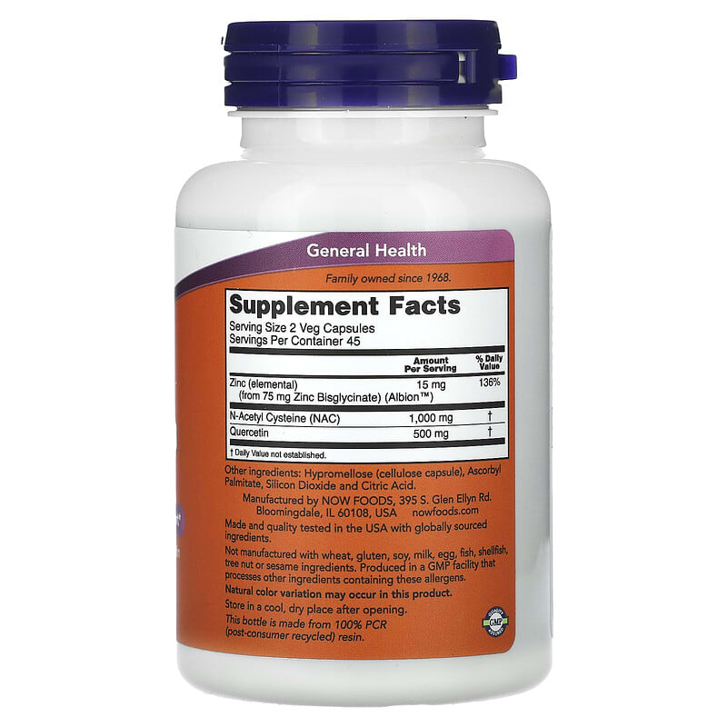 NOW Foods, NAC Quercetin &amp; Zinc, 90 Veg Capsules