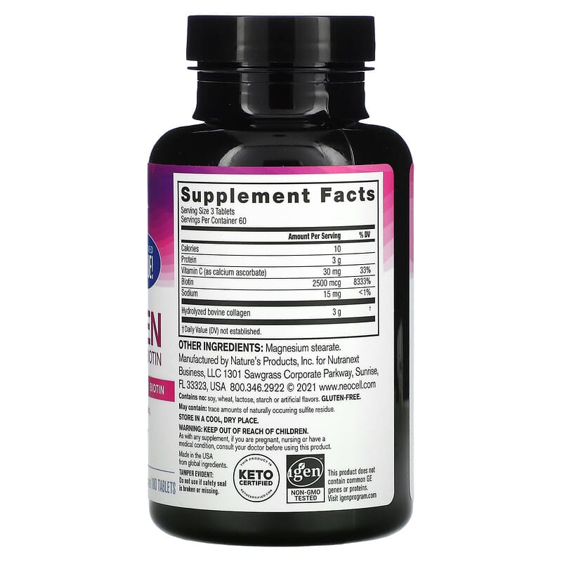 NeoCell, Grassfed Collagen Peptides + Vitamin C &amp; Biotin, 180 Tablets