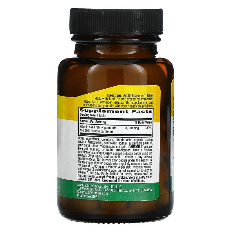 Country Life, Dry Vitamin A, 3,000 mcg (10,000 IU), 100 Tablets