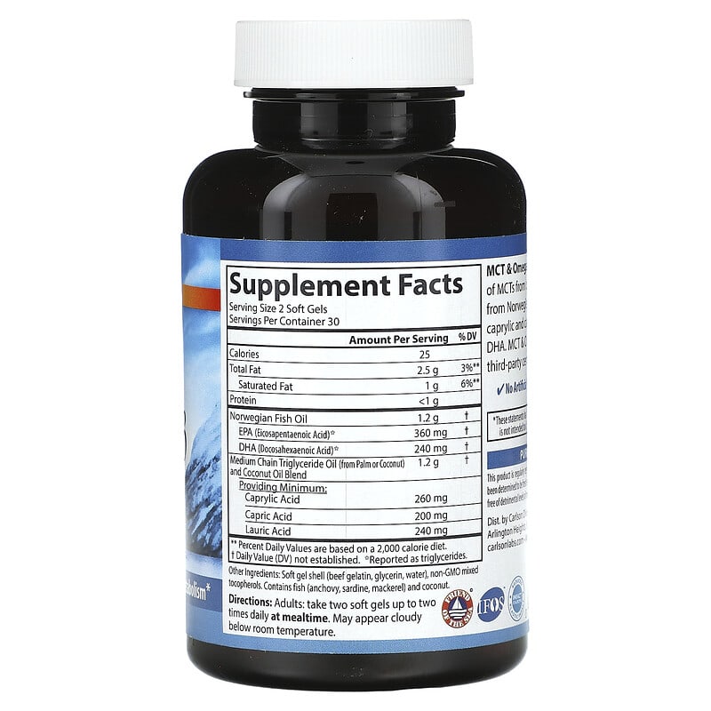 Carlson, MCT &amp; Omega-3 With Coconut &amp; Fish Oil, 60 Soft Gels