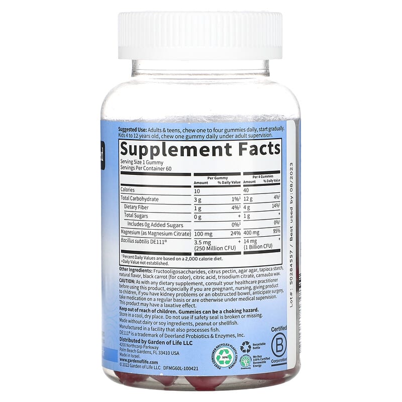 Garden of Life, Magnesium with Pre &amp; Probiotics Gummies, Raspberry , 60 Gummies