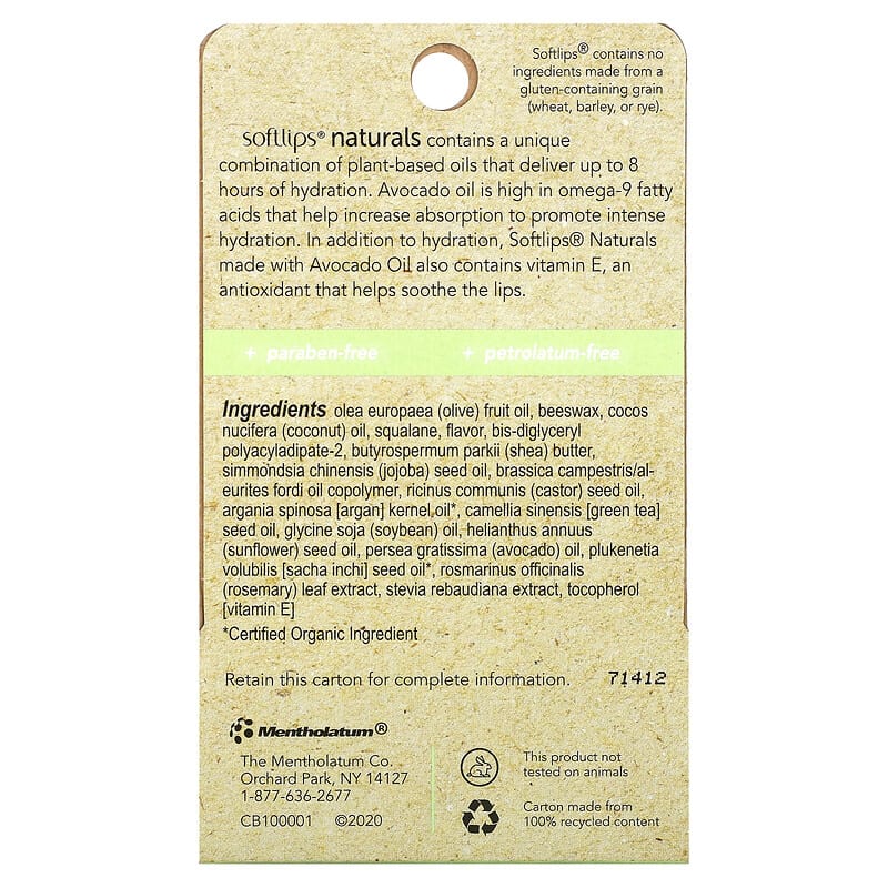 Softlips, Naturals Lip Balm with Avocado Oil, Honey Mint, 2 Sticks, 0.15 oz (4.2 g) Each
