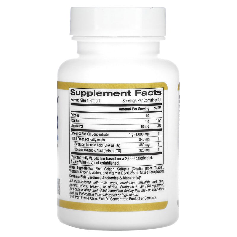California Gold Nutrition, Omega 800 Ultra-Concentrated Omega-3 Fish Oil, kd-pur Triglyceride Form, 30 Fish Gelatin Softgels (1,000 mg per Softgel)