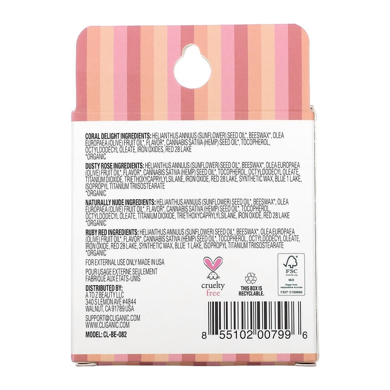 Cliganic, Tinted Lip Balm Set, Hint of Tint, 4 Pack, 0.15 oz (4.25 g) Each