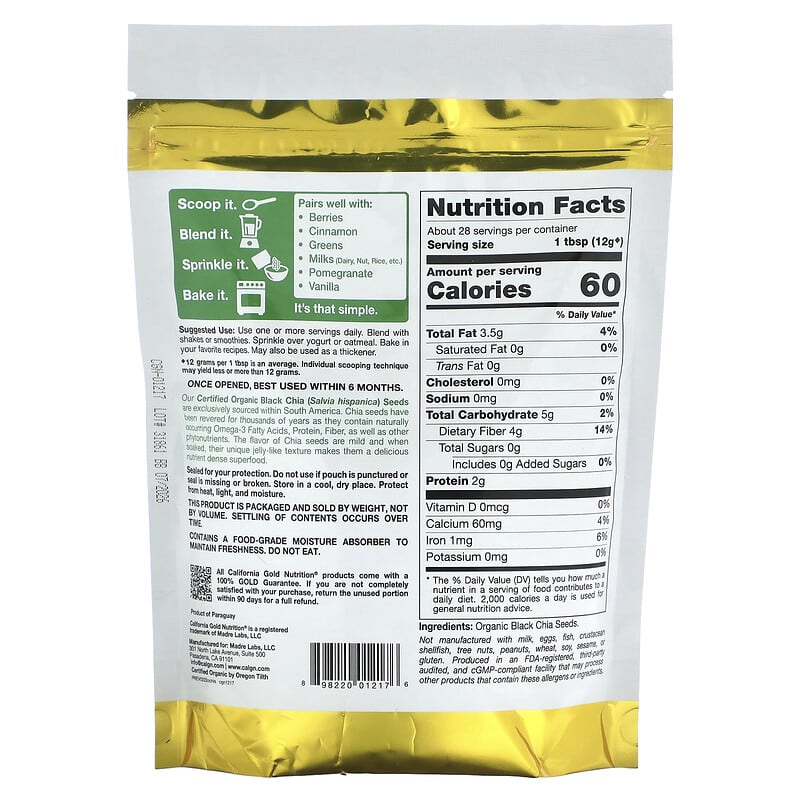 California Gold Nutrition, Superfoods, Organic Chia Seeds, 12 oz (340 g)