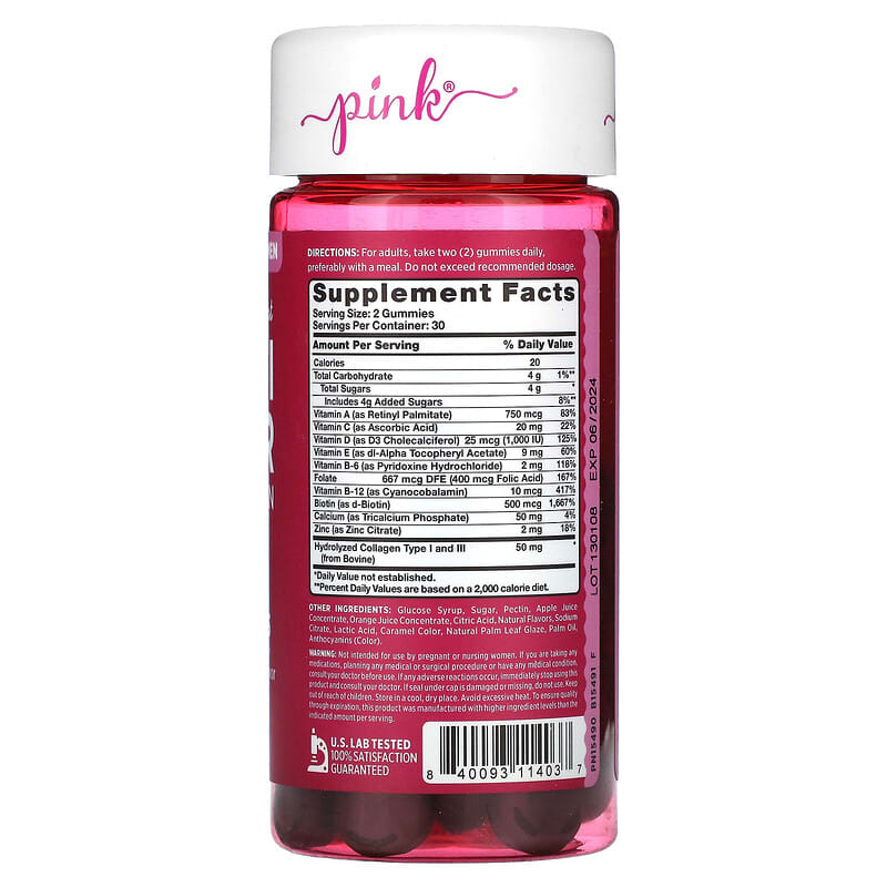Pink, Multi For Her + Collagen Gummies, Natural Mixed Berry, 60 Gummies