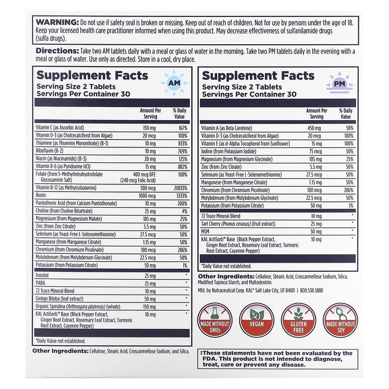 KAL, Women's 50+ Multivitamin, Morning &amp; Evening, 2 Pack, 60 Tablets Each