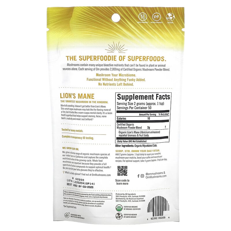 Om Mushrooms, Lion's Mane, Mushroom Powder, 3.5 oz (100 g)