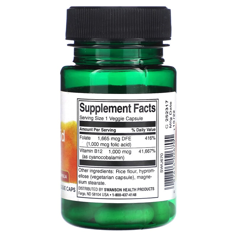 Swanson, Folic Acid &amp; B12, 30 Veggie Caps