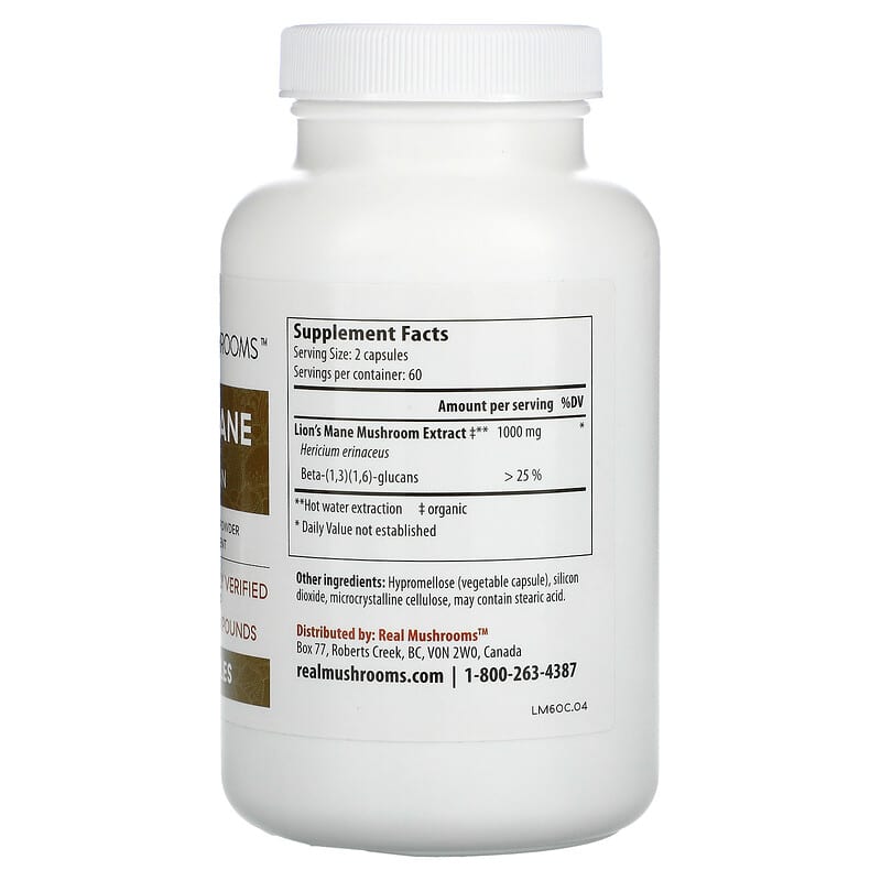 Real Mushrooms, Lion's Mane, Mushroom Extract Powder, 120 Capsules