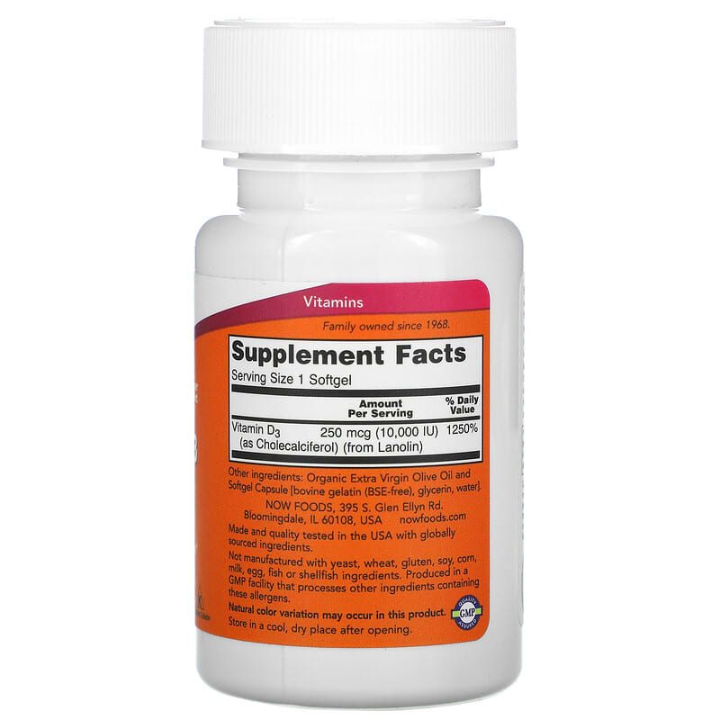 NOW Foods, Vitamin D-3, High Potency, 10,000 IU, 240 Softgels