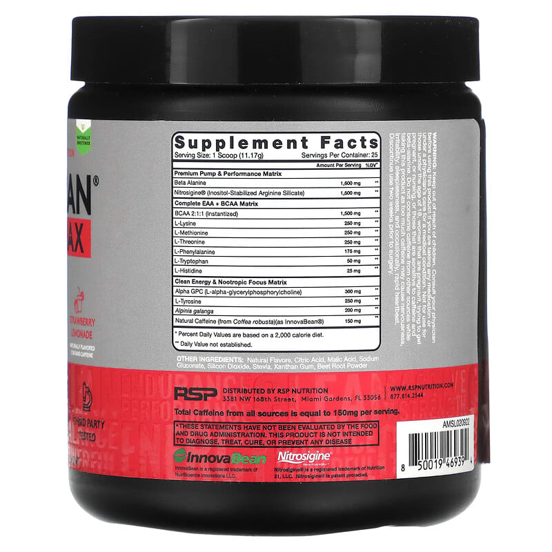 RSP Nutrition, AminoLean® Max, Pre-Workout, Strawberry Lemonade, 9.85 oz (279 g)
