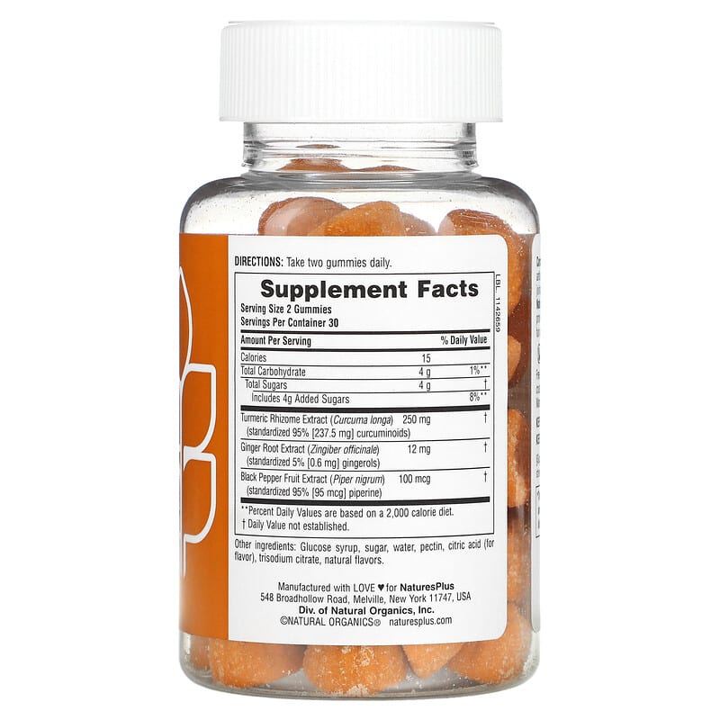 NaturesPlus, Turmeric Curcumin With Ginger &amp; Black Pepper Gummies, Peach, 60 Gummies