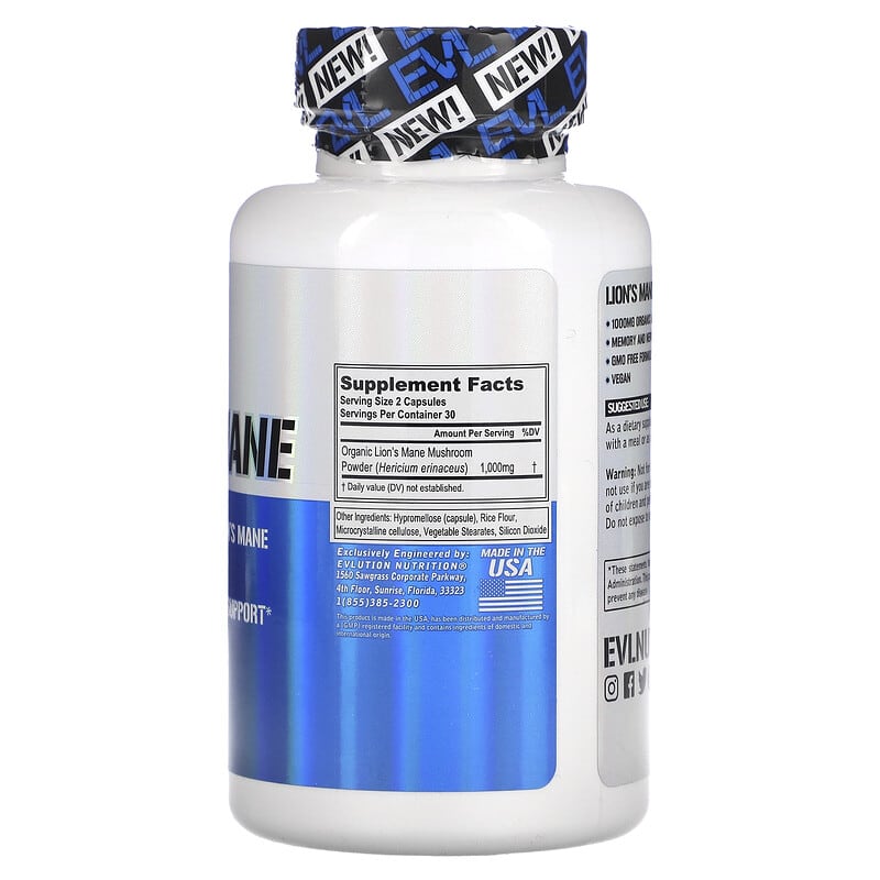 EVLution Nutrition, Lion's Mane, 60 Veggie Capsules (500 mg per Capsule)