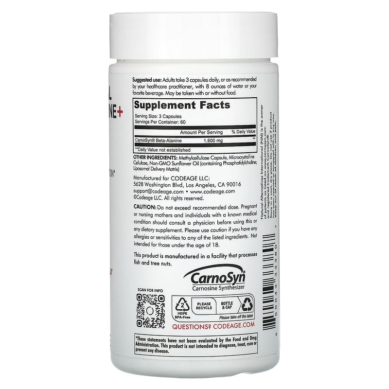 Codeage, Liposomal Beta-Alanine+, Centurion, CarnoSyn, Enhanced Absorption, 180 Capsules (533 mg per Capsule)