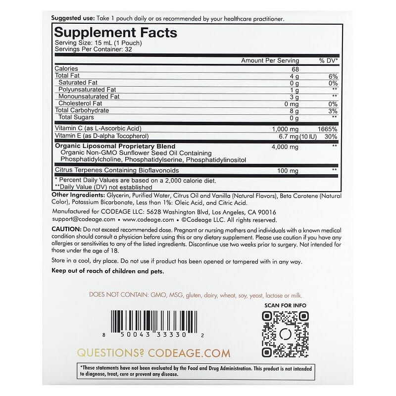 Codeage, Nanofood, Liposomal Vitamin C, Citrus Vanilla, 32 Pouches, 0.5 fl oz (15 ml) Each