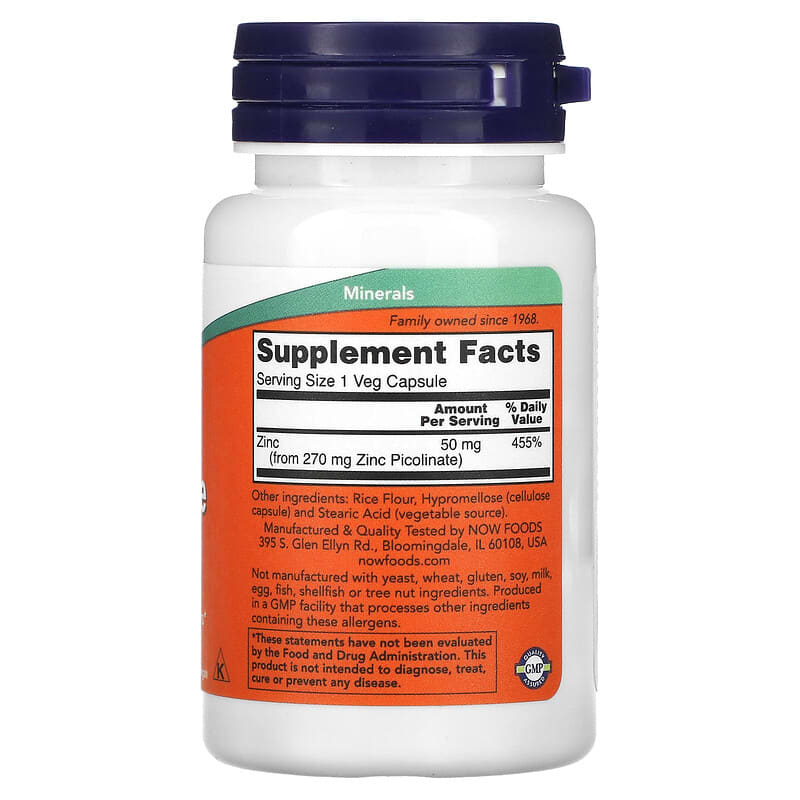 NOW Foods, Zinc Picolinate, 50 mg, 60 Veg Capsules (50 mg per Capsule)